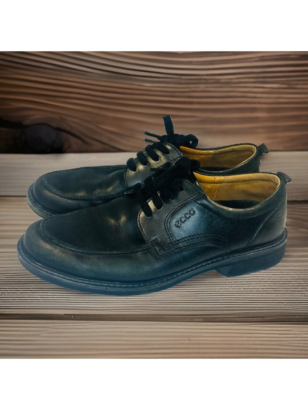 ECCO Casual Dress Black Leather Lace Up Loafer Shoes Shock Point Size 44 US 10
